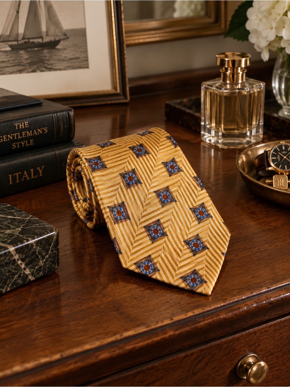 Ermenegildo Zegna 100% Silk Made in Italy Gold Geometric Medallion Luxury Tie